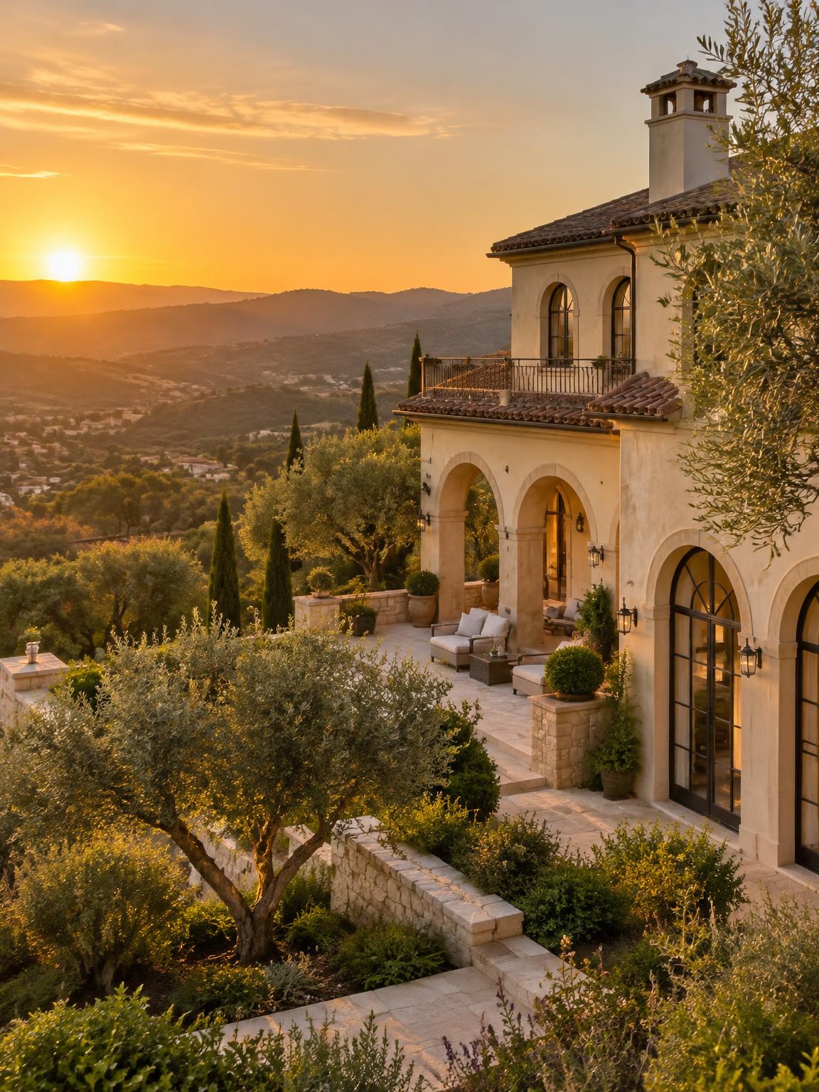 Mediterranean hillside estate at golden hour in Southern California